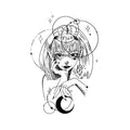 Anime girl moon temporary tattoo design with celestial planets and stars in black ink