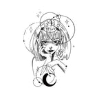 Anime girl moon temporary tattoo design with celestial planets and stars in black ink