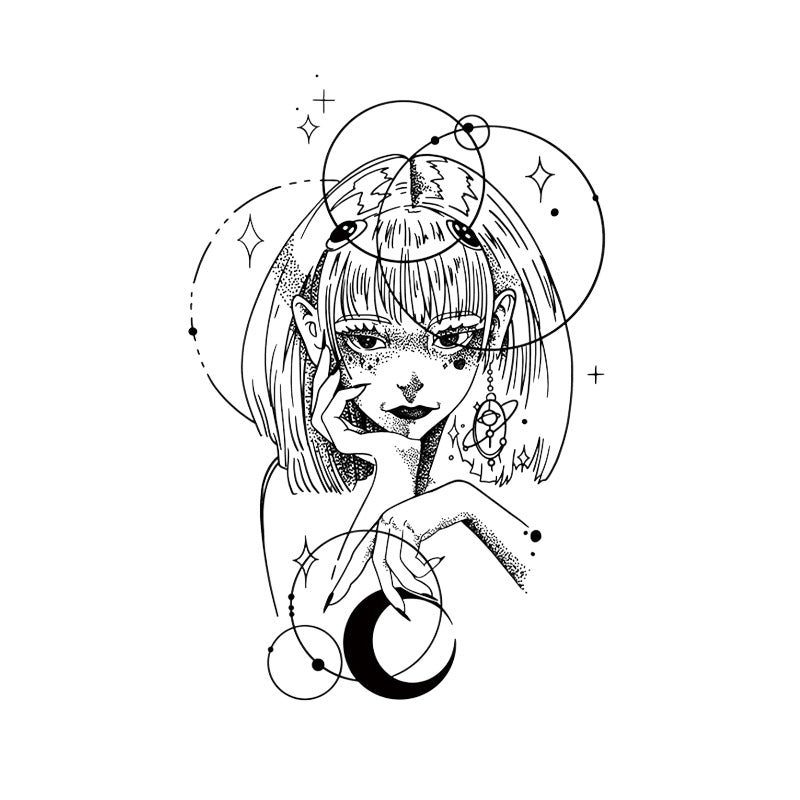 Anime girl moon temporary tattoo design with celestial planets and stars in black ink