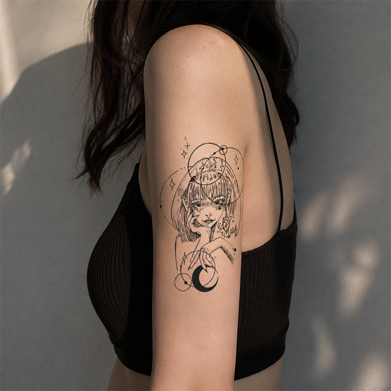 Starlit Girl Temporary Tattoo – Gothic Cosmic Line Art Design