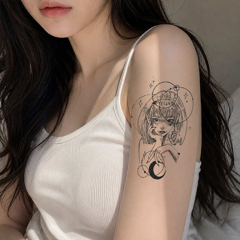 Starlit Girl Temporary Tattoo – Gothic Cosmic Line Art Design