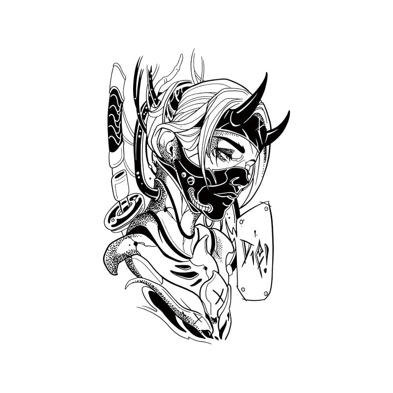 Cyber Oni Warrior Temporary Tattoo – Futuristic Demon Mask Body Art