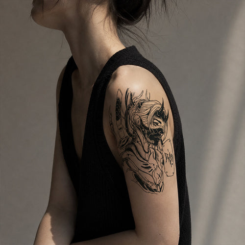 Cyber Oni Warrior Temporary Tattoo – Futuristic Demon Mask Body Art