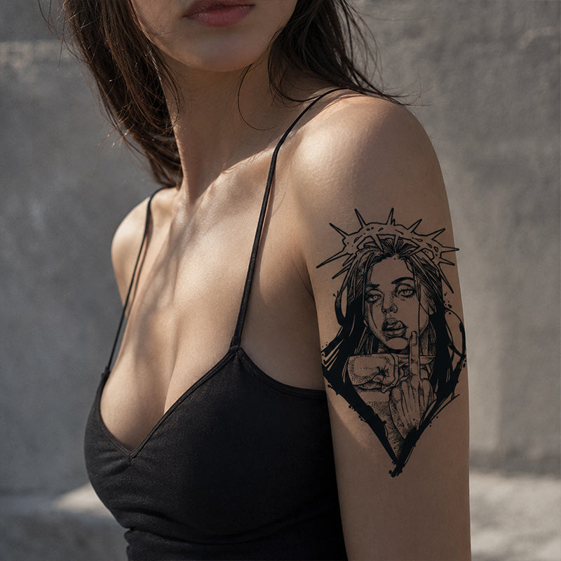 Rebel Saint Girl Temporary Tattoo – Gothic Punk Portrait Body Art
