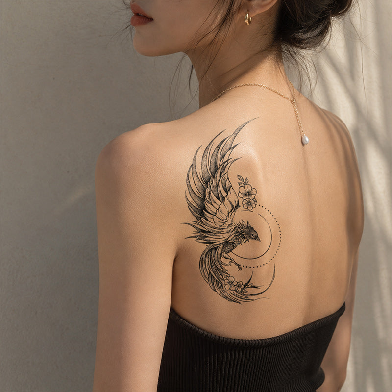 Phoenix Temporary Tattoo – Elegant Floral Bird Body Art for Shoulder & Back