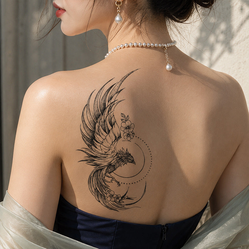 Phoenix Temporary Tattoo – Elegant Floral Bird Body Art for Shoulder & Back