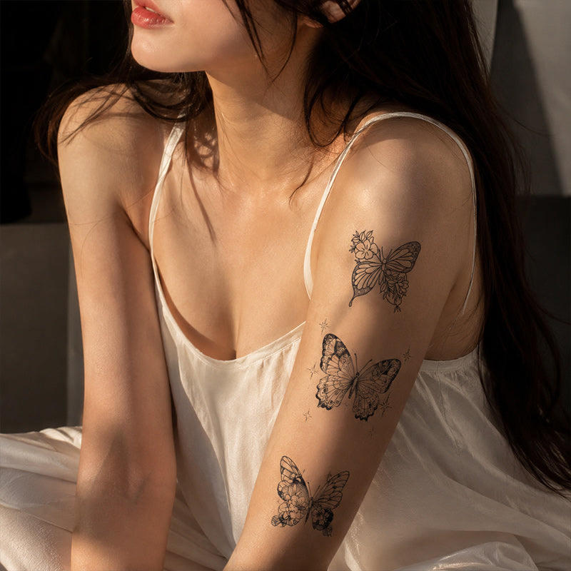 Floral Butterfly Temporary Tattoo Set – Cute Fine Line Body Art for Wrist & Ankle