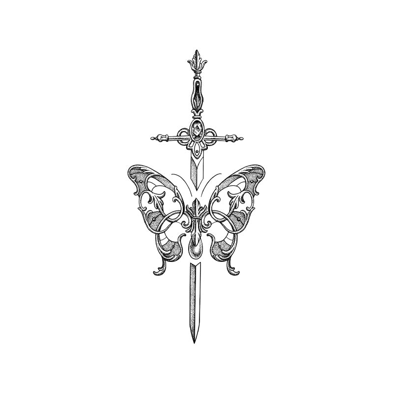 Gothic Sword Temporary Tattoo Stickers with Butterfly Dagger Design