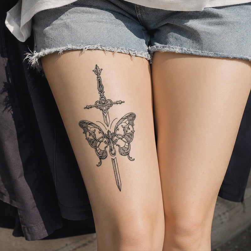 Close-up of Gothic Sword and Butterfly Temporary Tattoo Stickers