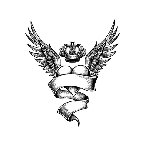 Winged Heart Temporary Tattoo Stickers with Crown Ribbon Design