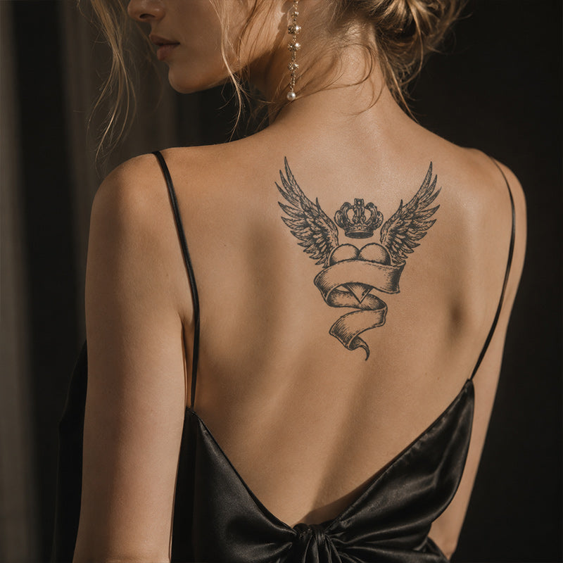 Close-up of Crown Heart and Angel Wings Temporary Tattoo Stickers