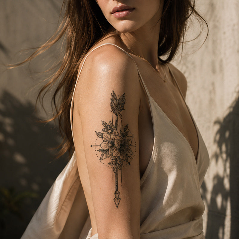 Close-up of Artemis Arrow Temporary Tattoo Stickers with Flower Design