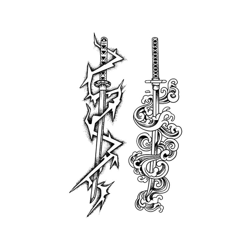 Thunder Cloud Katana Temporary Tattoo Stickers Set with Japanese Sword Design
