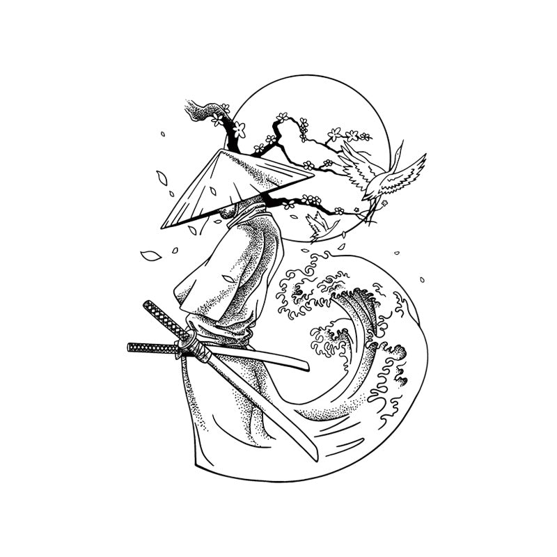 Ronin Samurai Temporary Tattoo Stickers with Japanese Wave Design