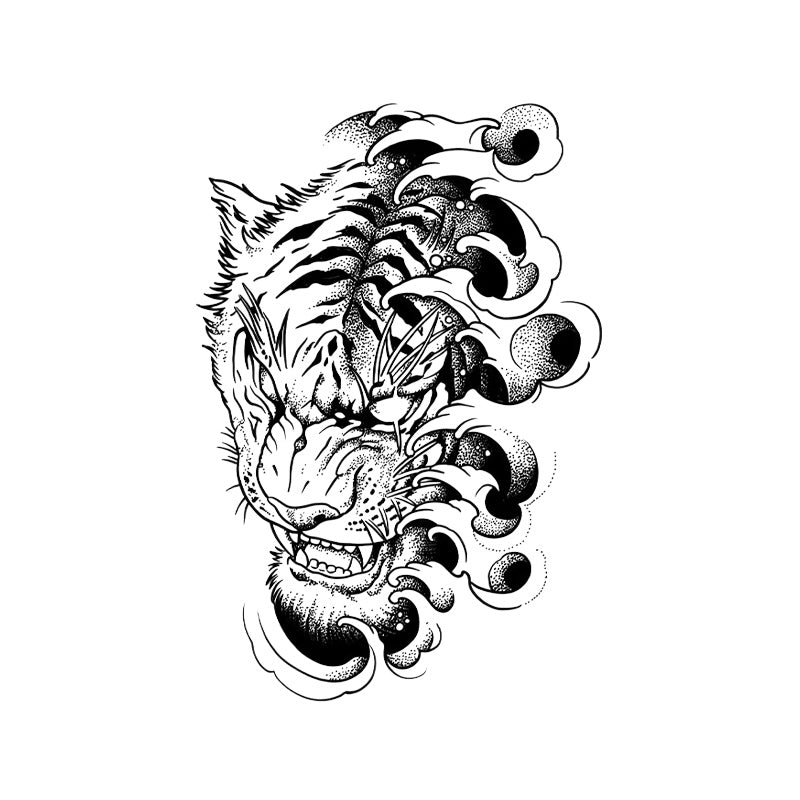 Japanese Tiger Temporary Tattoo Stickers with Cloud Design