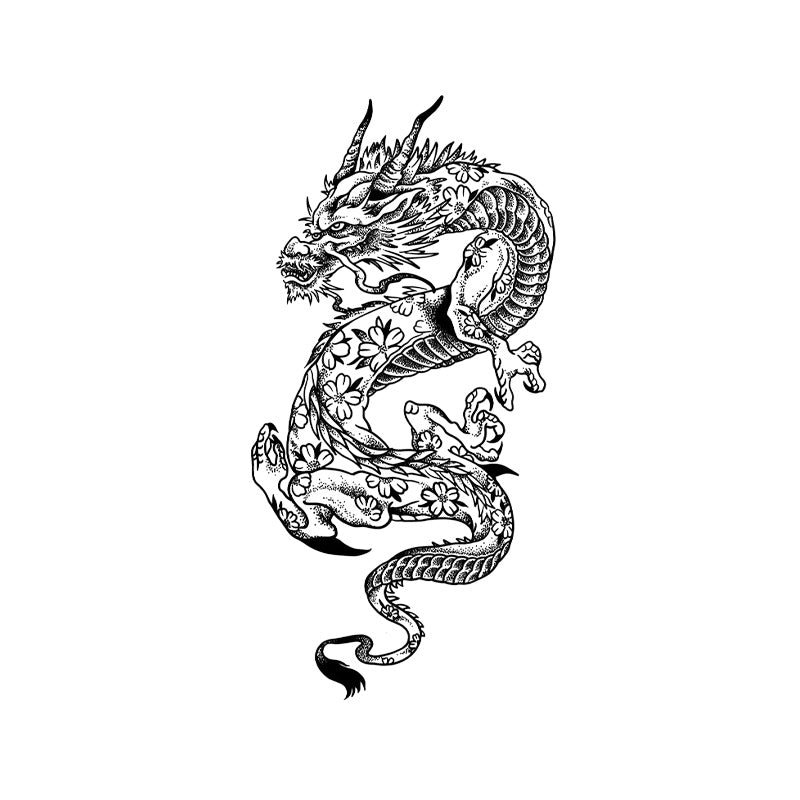 Oriental Dragon Temporary Tattoo Stickers with Floral Mythology Design