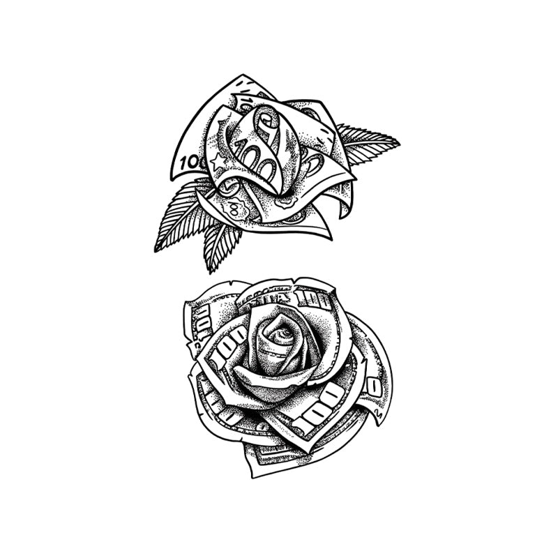 Money Rose Temporary Tattoo Stickers Set with Dollar Flower Design