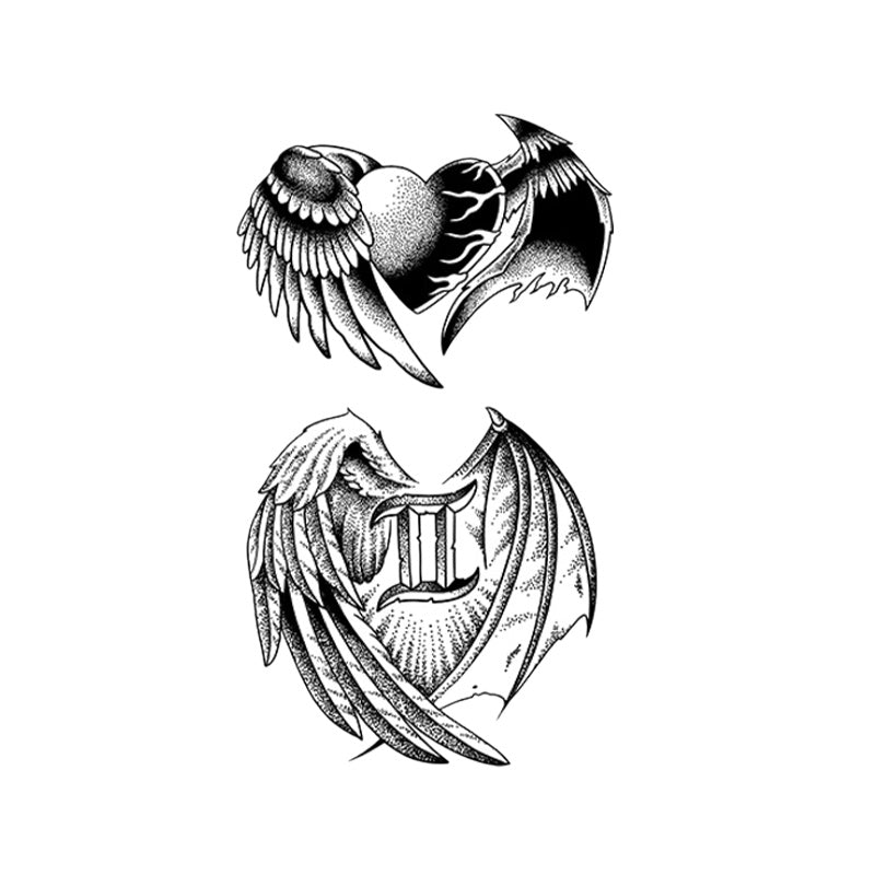 Angel Demon Heart Temporary Tattoo Stickers Set with Gothic Wings Design