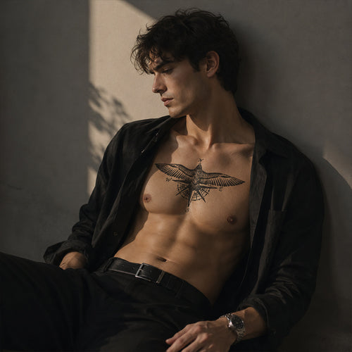 Compass Bird Temporary Tattoo Stickers for Chest and Shoulder