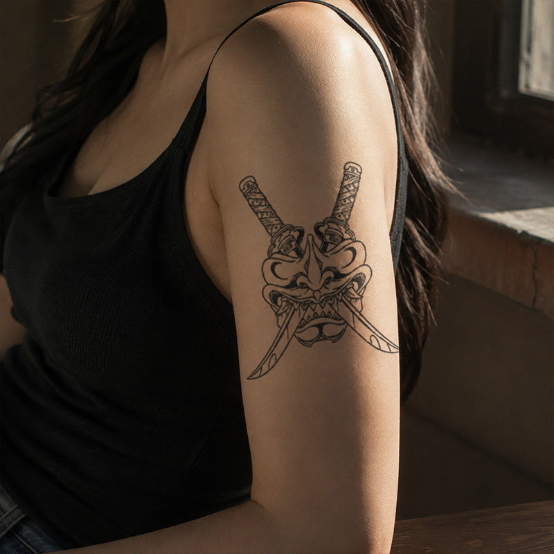 Close-up of Japanese Hannya Demon Mask Temporary Tattoo Stickers