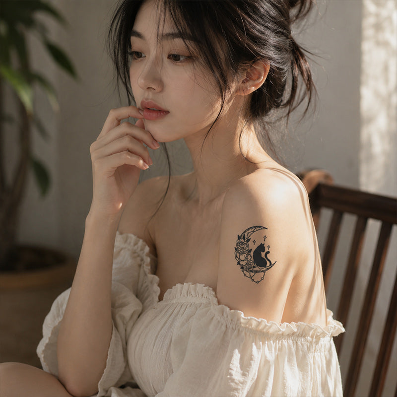 Close-up of Black Cat Moon Temporary Tattoo Stickers