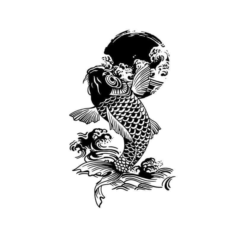 Koi Fish Temporary Tattoo Stickers with Japanese Wave Design