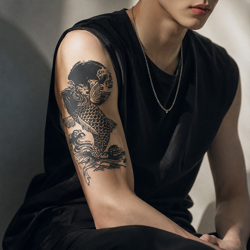 Close-up of Japanese Koi Wave Temporary Tattoo Stickers