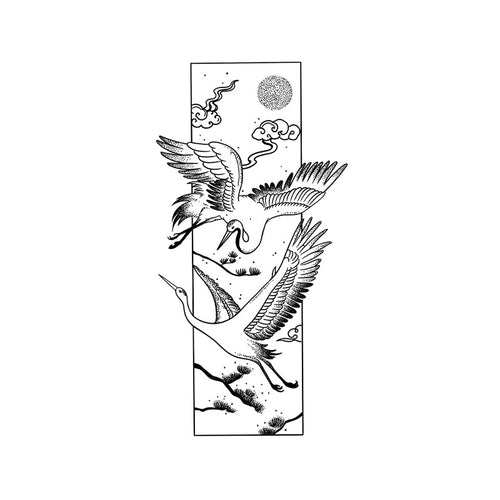 Japanese Crane Temporary Tattoo Stickers with Moon Pine Design