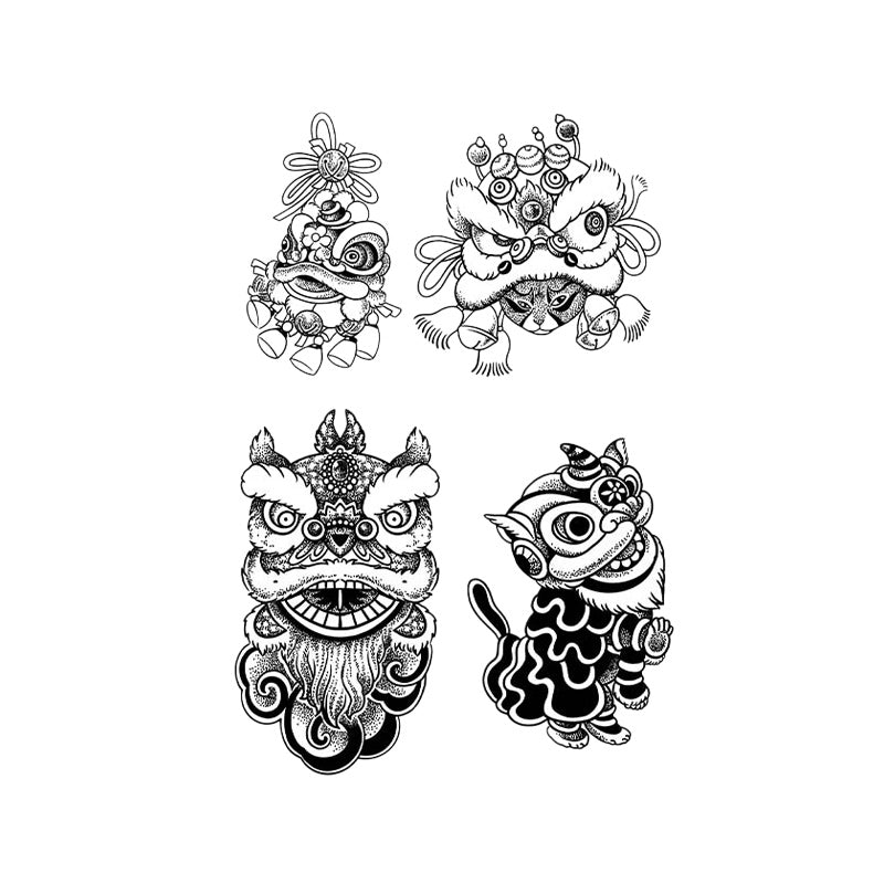 Lion Dance Temporary Tattoo Stickers Set with Chinese Festival Design