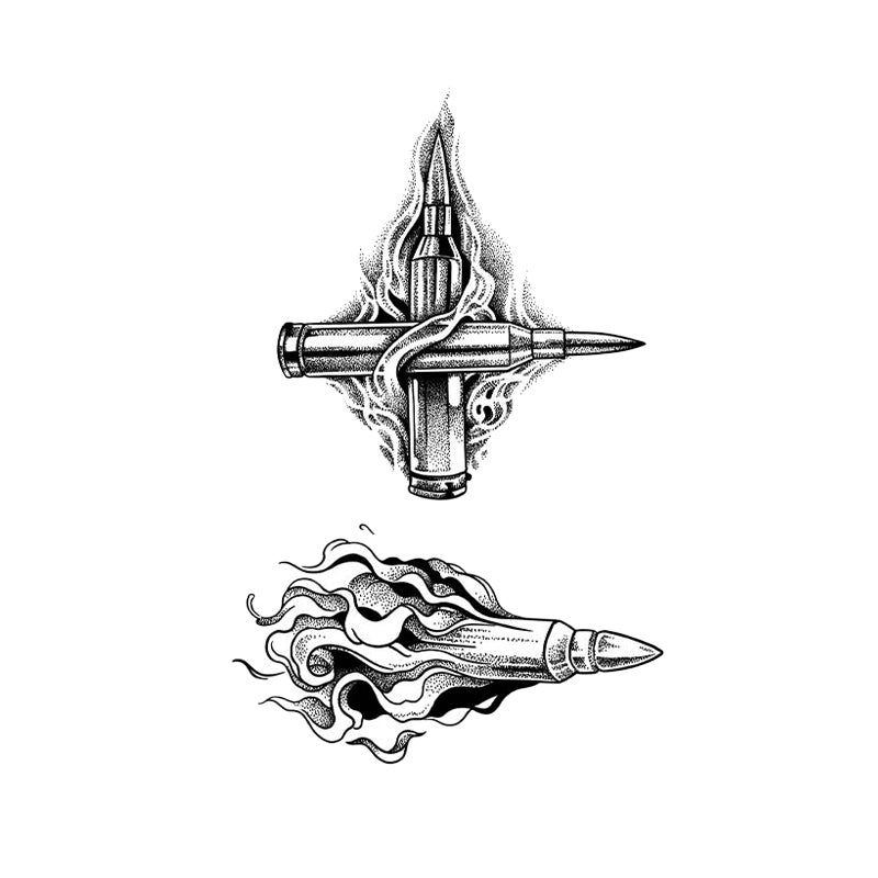 Flame Bullet Temporary Tattoo Stickers Set with Gothic Weapon Design