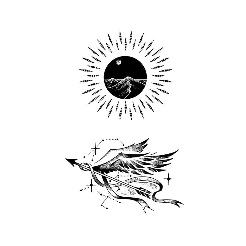 Celestial Mountain Bird Temporary Tattoo Stickers Set with Sun Arrow Design