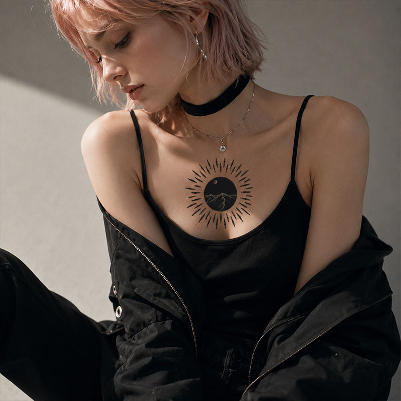 Close-up of Sun Mountain and Flying Bird Arrow Temporary Tattoo Stickers