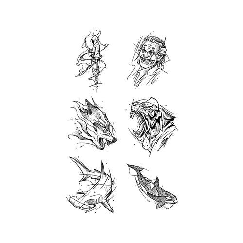 Dark Flash Temporary Tattoo Stickers Set with Dragon Snake Shark Design
