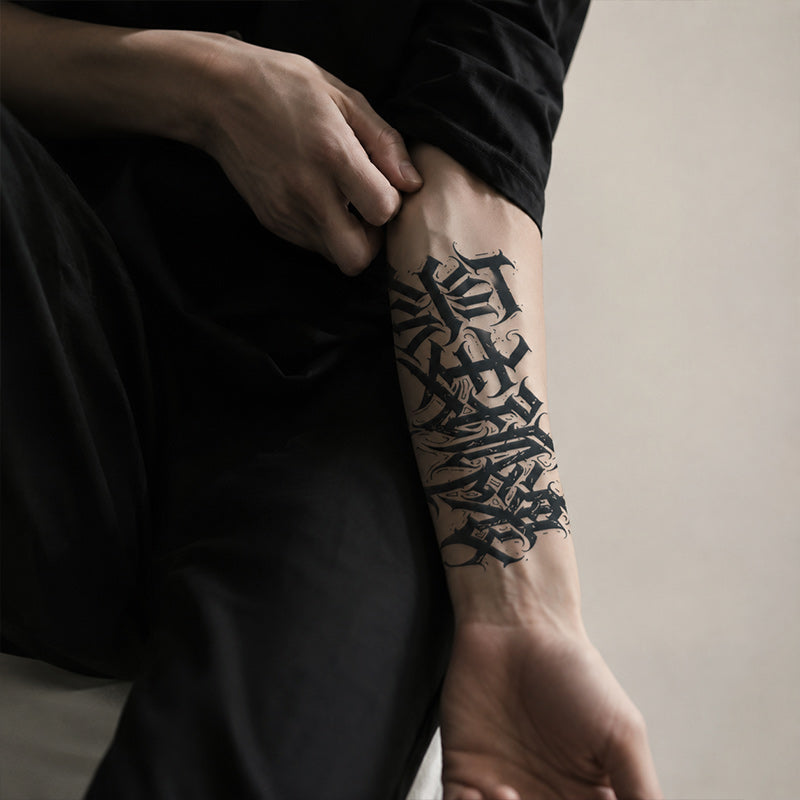 Close-up of Chinese Gothic Lettering Temporary Tattoo Stickers