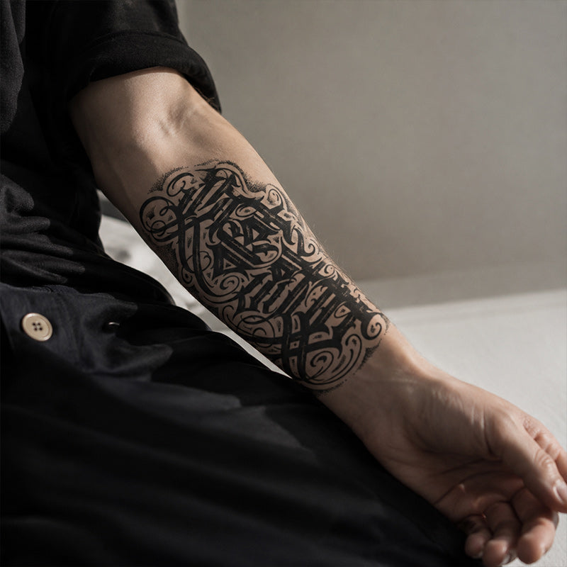 Close-up of Chinese Gothic Lettering Temporary Tattoo Stickers