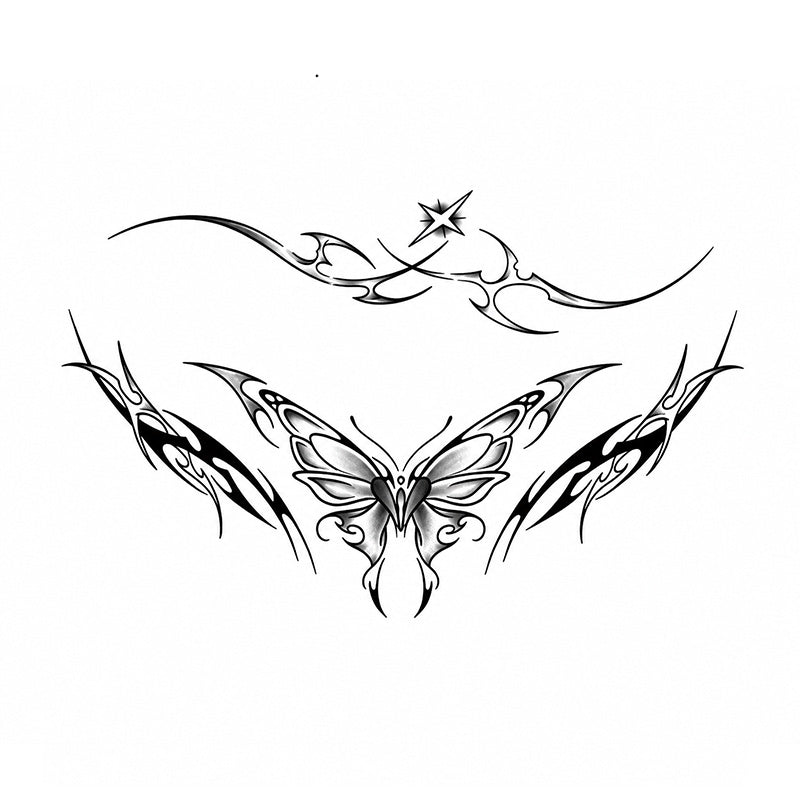Starlit Veil black succubus chest temporary tattoo design with butterfly and star motif