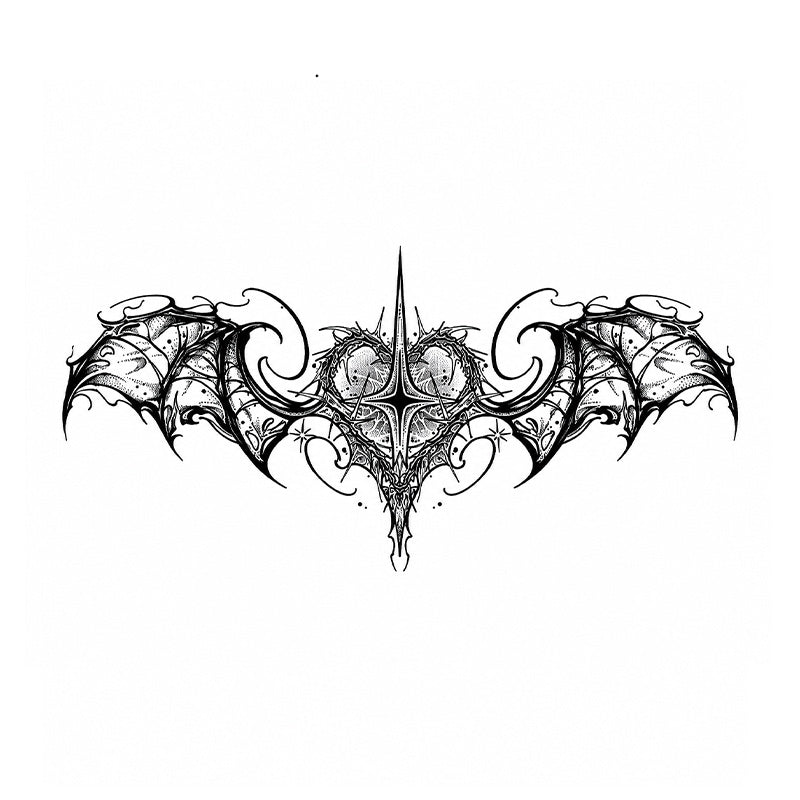 Nightwing Crest black succubus chest temporary tattoo design with bat wings and gothic crest