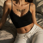 Woman wearing the Infernal Heart succubus chest temporary tattoo on the upper chest