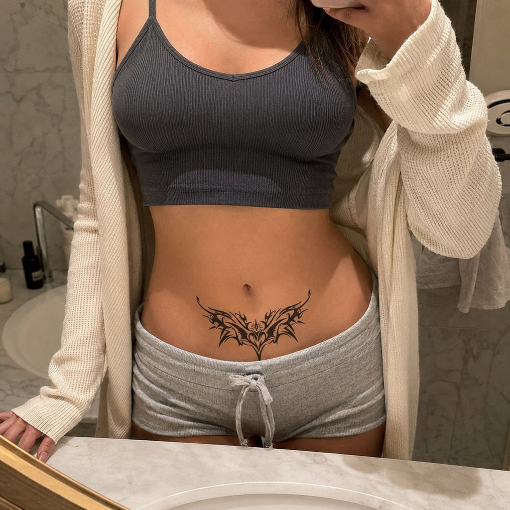 Infernal Heart gothic temporary tattoo worn on the lower stomach