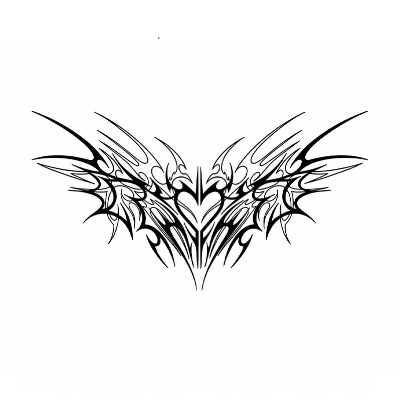 Shadow Vow black succubus chest temporary tattoo with sharp tribal wings and heart sigil
