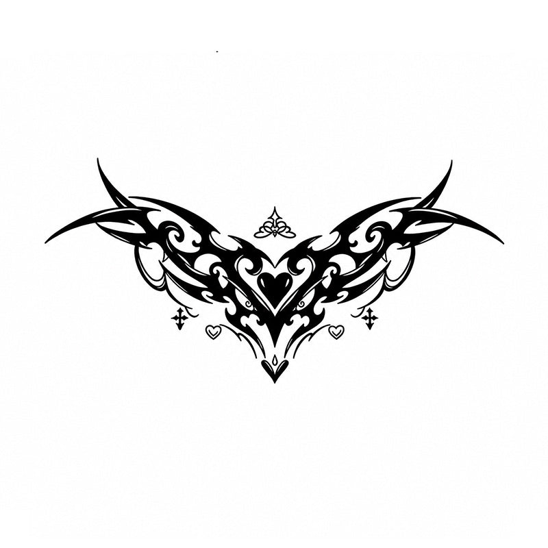 Heartbound black succubus chest temporary tattoo with gothic heart and tribal wings