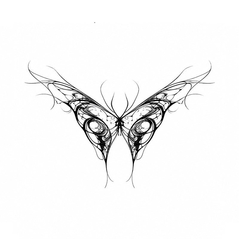 Phantom Veil black succubus chest temporary tattoo with ethereal butterfly wings and fine gothic lines