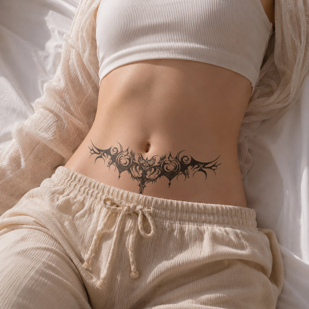 Woman wearing the Infernal Crest succubus temporary tattoo on the lower stomach