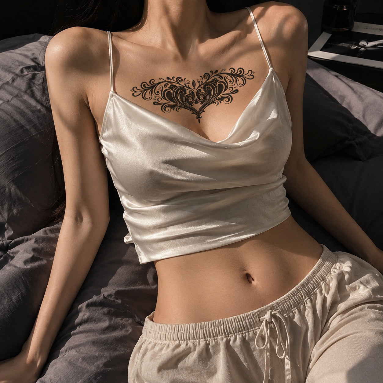 Woman wearing the Midnight Bloom succubus chest temporary tattoo with a satin camisole