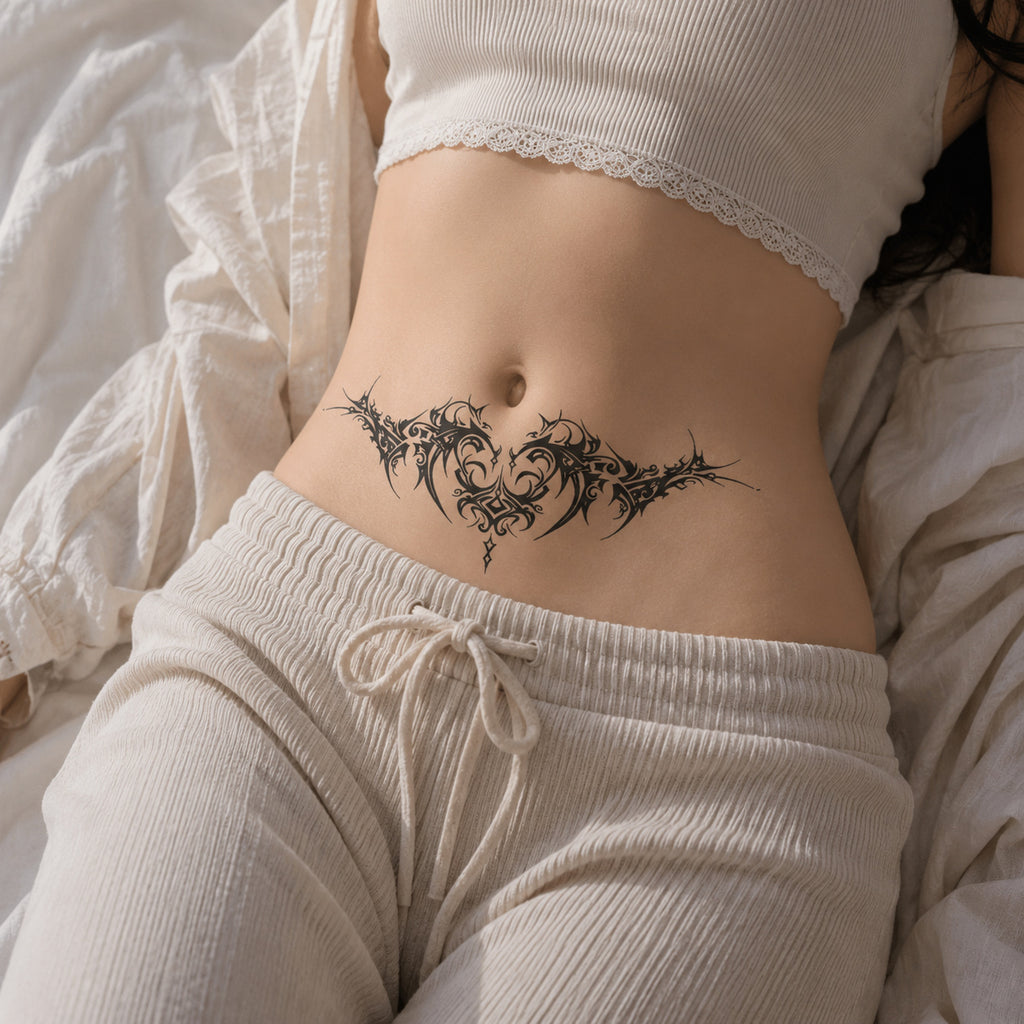 Woman wearing the Thorn Oath succubus temporary tattoo above the waistline