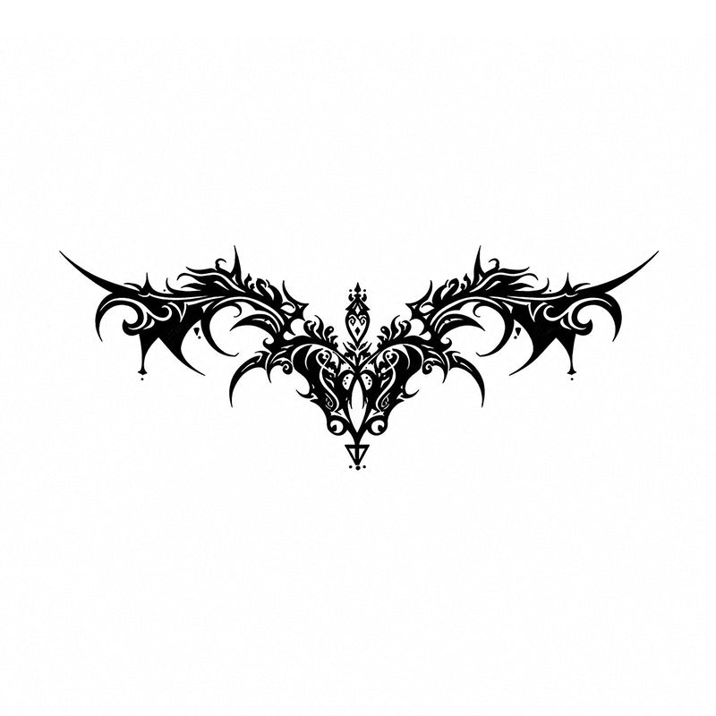 Nightfang black succubus chest temporary tattoo with gothic bat wings and ornate center crest