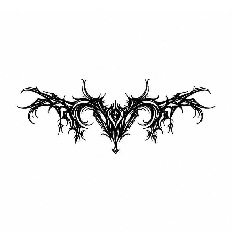 Shadowthorn black gothic thorn wing temporary tattoo with a dark ornamental center design
