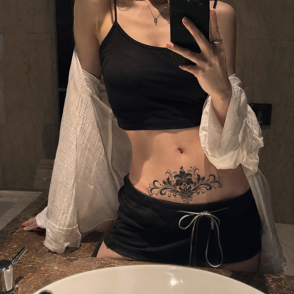 Baroque Bloom Chest Temporary Tattoo – Elegant Floral Gothic Ornament for Chest & Lower Stomach