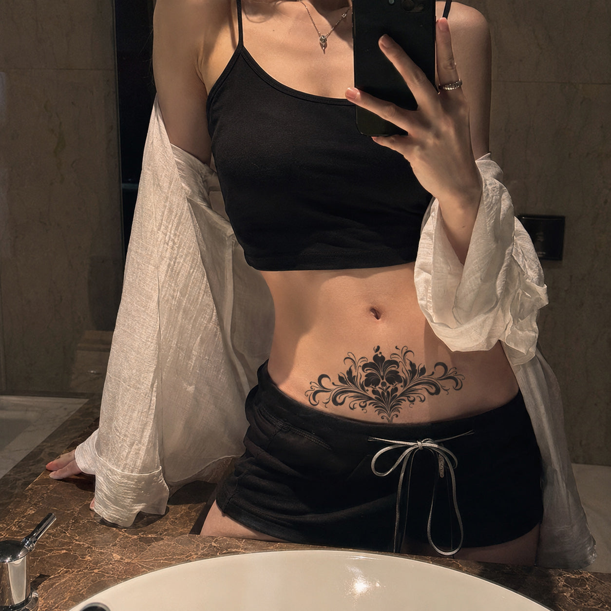 Baroque Bloom Chest Temporary Tattoo – Elegant Floral Gothic Ornament for Chest & Lower Stomach