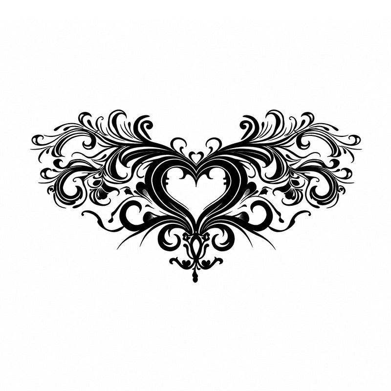 Victorian Heart black ornamental heart temporary tattoo with symmetrical baroque scrollwork